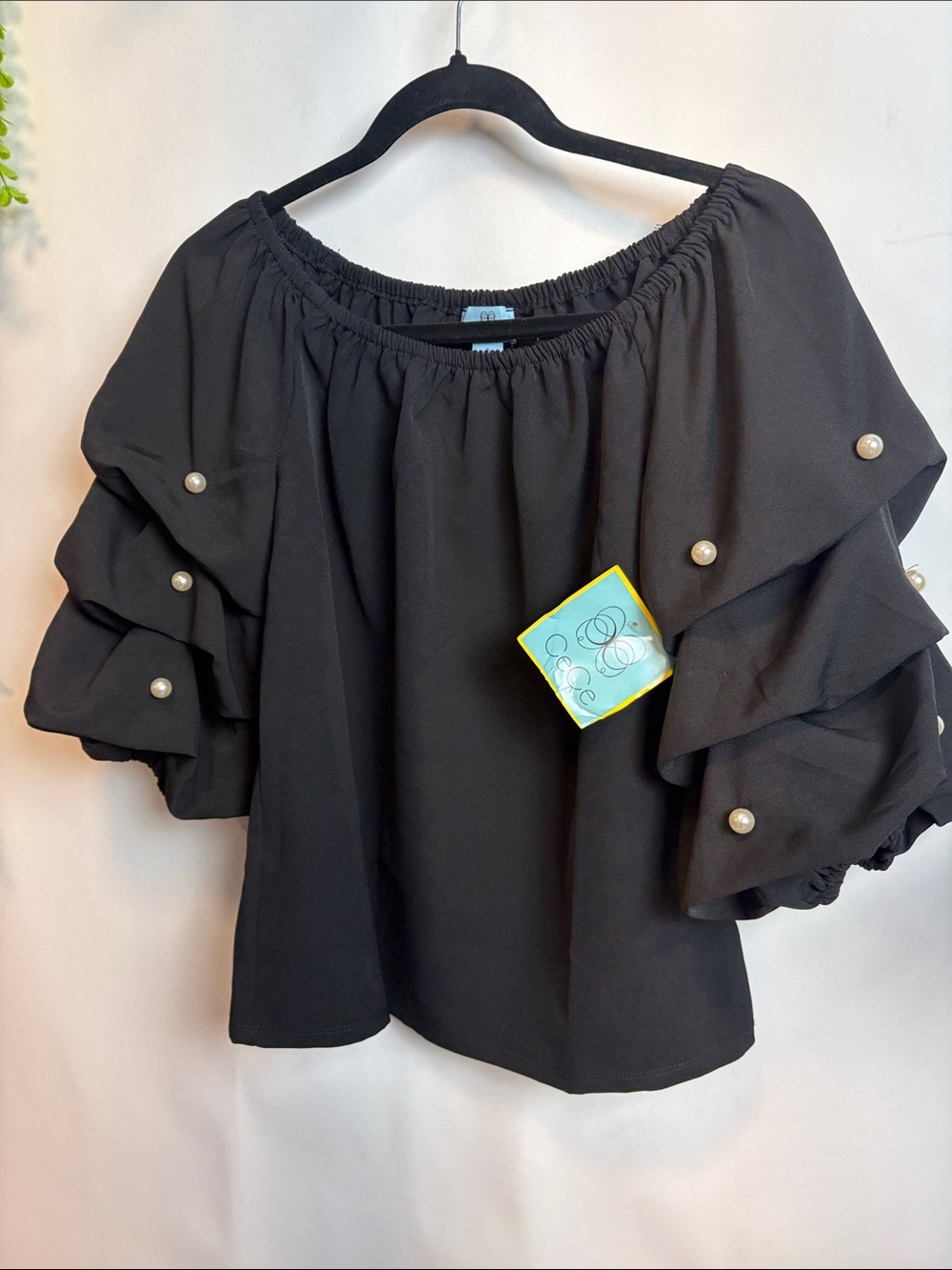 CeCe Black Off-Shoulder Ruffle Sleeve Top with Pearl Accents